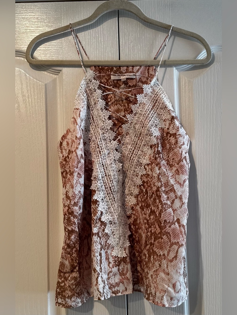 Wayf Brown and Pink Snake-Print Lace-Trim Spaghetti Strap Blouse - Size M - Picture 2 of 4